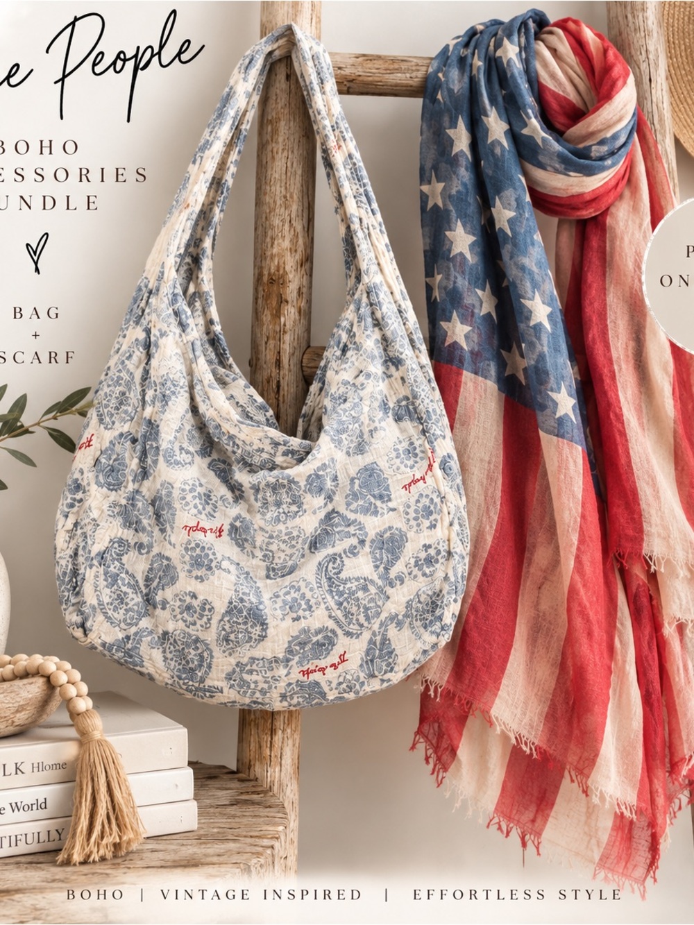 Free People Boho Bundle Paisley Hobo Bag + American Flag Scarf